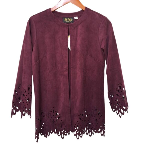 Bob Mackie Burgundy Faux Suede Open Front Cardigan/ Jacket Laser Cut Detail XS/S - Picture 2 of 9